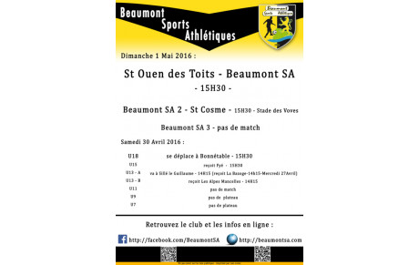 Agenda Sportif  :   Week-End du 1er Mai 2016