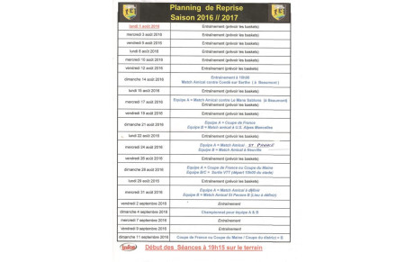 Planning de reprise 2016/2017