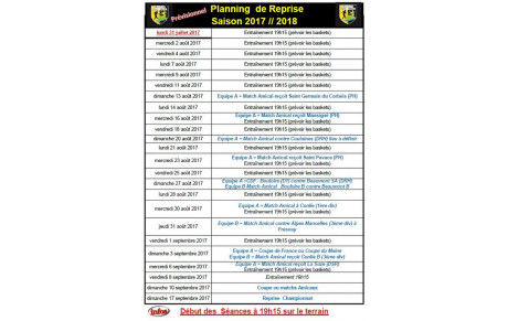 PLANNING DES ENTRAINEMENTS ET MATCHS AMICAUX