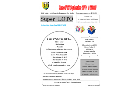 Super Loto du Beaumont SA - Samedi 02 Septembre 2017 à 20H