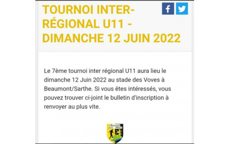 Tournoi Inter-régional U9 / U11 samedi et dimanche 11/12 juin 2021 au stade des Voves. Voici quelques-unes des équipes s’étant déjà engagées :  SCO d’Angers, Le Mans FC, ASPTT Caen, US Alençon, Brequigny Rennes, Stade Mayennais, Trelazé, Le Mans Villaret,