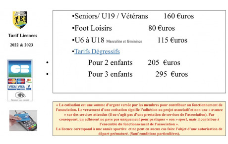 Tarif des licences saison 2022/2023 inchangé 