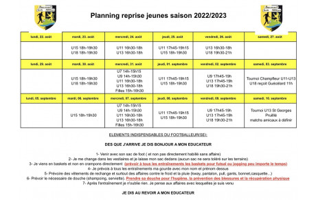 Planning reprise jeunes saison 2022/2023