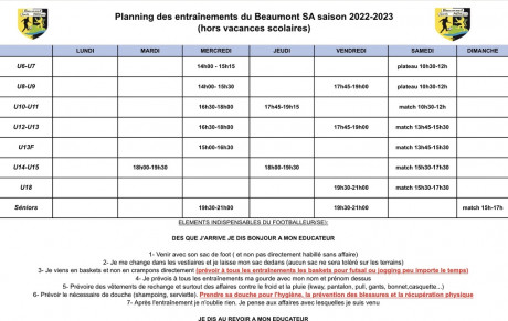 Planning des entraînements saison 2022/2023 ( hors vacances scolaires)