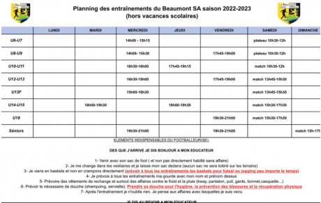 Planning des entraînements hors périodes scolaires saison 2022/2023.