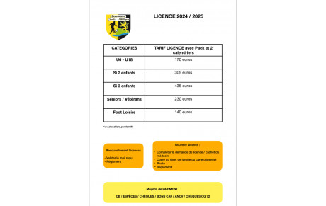 Tarif licence 2024/2025