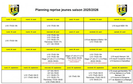 Reprise des entraînements U11, U13, U15 et féminines ce mercredi 20 Août 2025