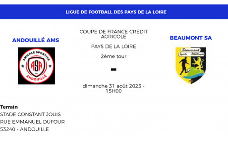 Entrée au 2ème tour de Coupe de France pour le Beaumont SA qui se fera à Andouillé.